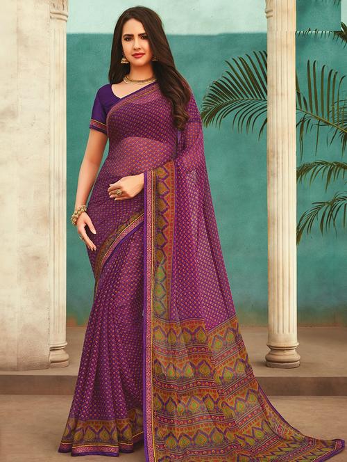 ethnic motif printed saree with blouse - 17176712 - Very Small Image - 1