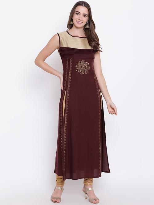 gold print double slit straight kurta - 17176887 - Very Small Image - 1