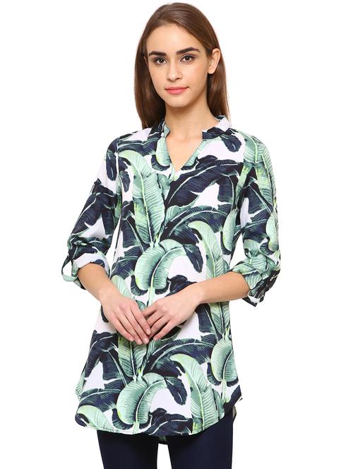 tropical print mandarin collar tunic - 17181568 - Very Small Image - 1