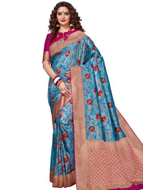 floral zari work woven saree with blouse - 17183740 - Very Small Image - 1