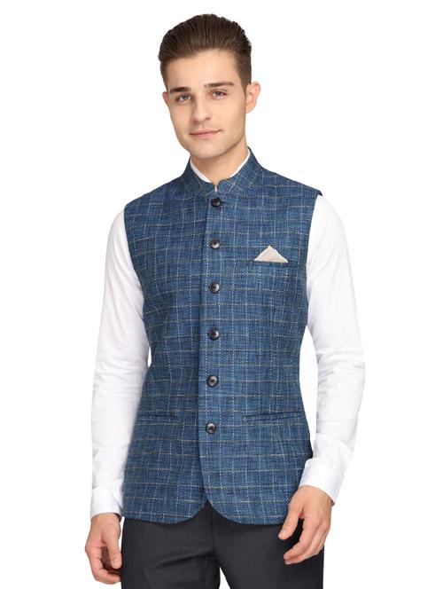 teal blue checkered nehru jacket - 17189991 - Very Small Image - 1