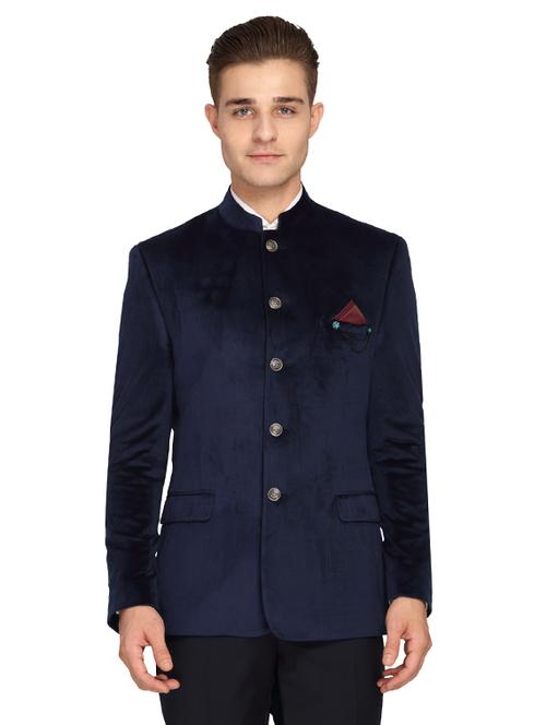 navy blue solid bandhgala formal blazer - 17190057 - Very Small Image - 1