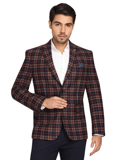 navy blue checkered single breasted casual blazer - 17190093 - Very Small Image - 1