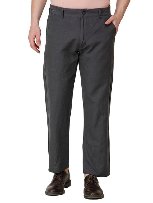 grey solid linen flat front casual trouser - 17192062 - Very Small Image - 1