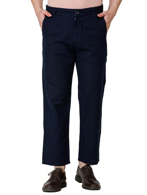 navy blue solid linen flat front casual trouser - 17192066 - Very Small Image - 1