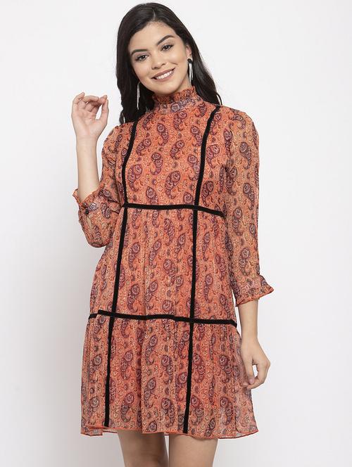 three quarter sleeve printed fit & flare dress - 17192180 - Very Small Image - 1