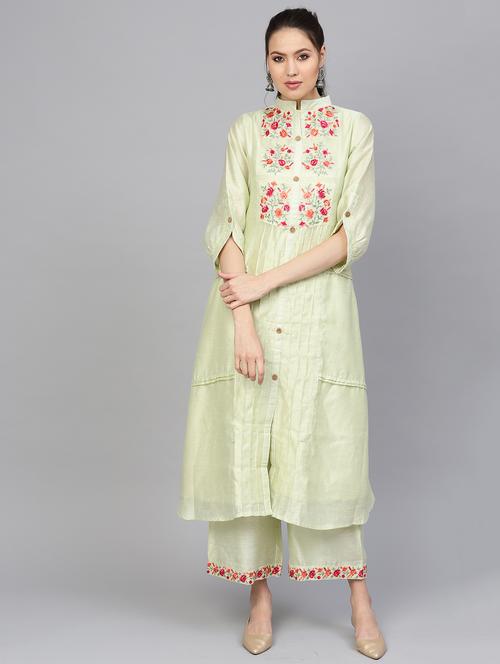embroidered chanderi a-line kurta - 17192530 - Very Small Image - 1