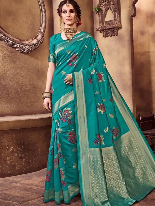 teal floral saree with blouse - 17195606 - Very Small Image - 1