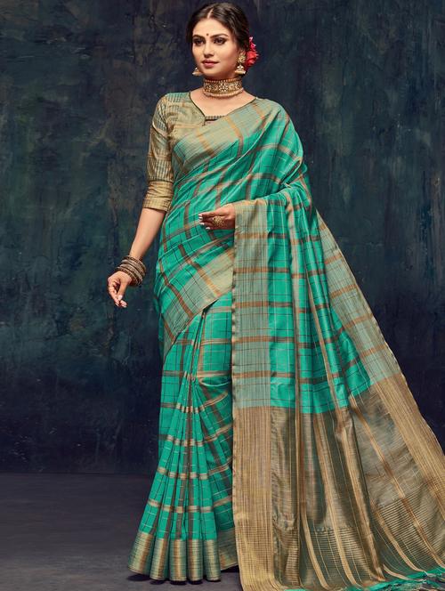 checkered printed saree with blouse - 17195625 - Very Small Image - 1