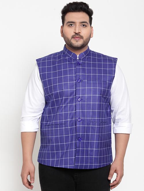 plus size blue checkered acrylic nehru jacket - 17196791 - Very Small Image - 1