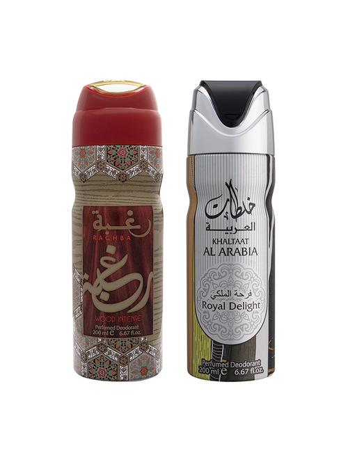 lattafa raghba wood intense +khaltaat royal delight 200ml deodorant - 17197778 - Very Small Image - 1