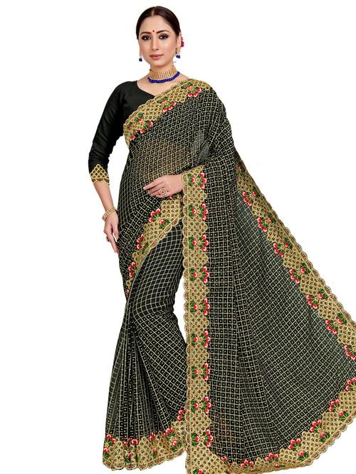 embroidered bordered saree with blouse - 17199129 - Very Small Image - 1