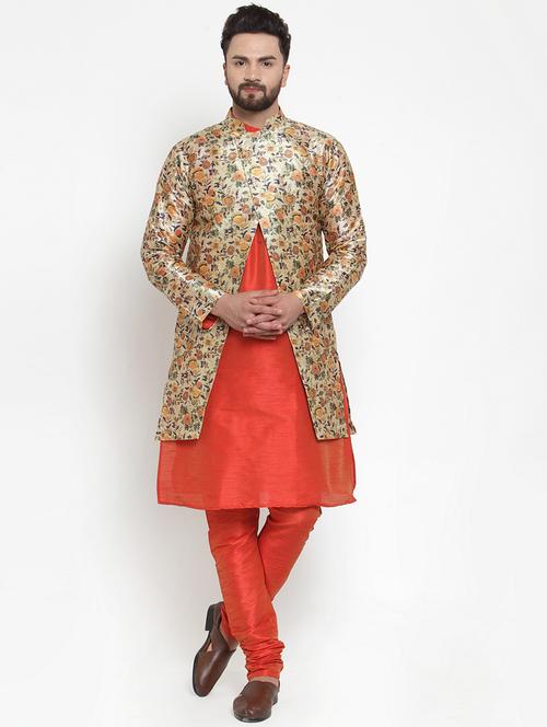 yellow printed dupion sherwani set - 17201746 - Very Small Image - 1