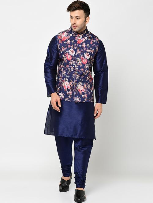 navy blue soliddupion kurta pyjama set with printed nehru jacket - 17201751 - Very Small Image - 1