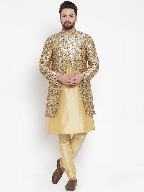 yellow printed dupion sherwani set - 17201795 - Very Small Image - 1