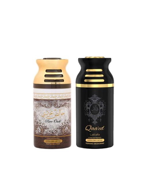 lattafa pure oudi + qaeed 250ml deodorant perfumed bodyspray for men and women combo pack of 2 - 17202204 - Very Small Image - 1