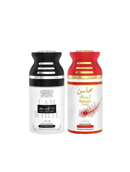 lattafa ana abiyedh + mahsin crystal 250ml deodorant perfumed bodyspray for men and women combo pack of 2 - 17202207 - Very Small Image - 1