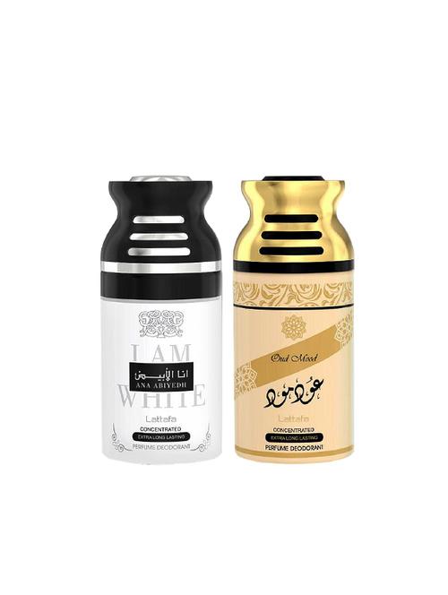 lattafa ana abiyedh + oud mood 250ml deodorant perfumed bodyspray for men and women combo pack of 2 - 17202209 - Very Small Image - 1