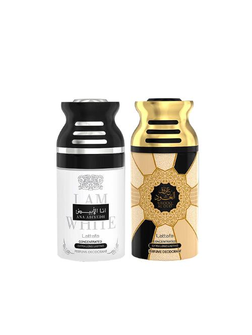 lattafa ana abiyedh + urooq al oud 250ml deodorant perfumed bodyspray for men and women combo pack of 2 - 17202215 - Very Small Image - 1