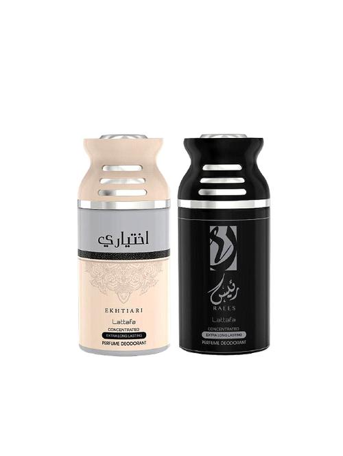 lattafa ekhtiari + raees 250ml deodorant perfumed bodyspray for men and women combo pack of 2 - 17202224 - Very Small Image - 1