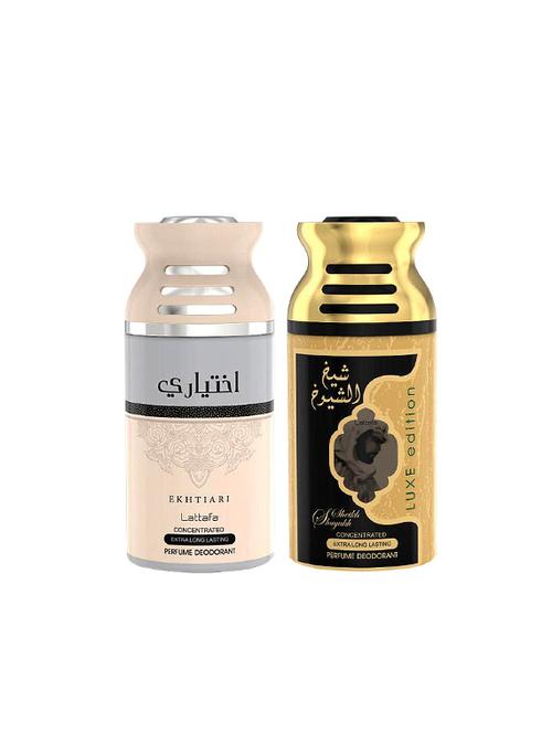 lattafa ekhtiari + sheikh al shuyukh luxe edition 250ml deodorant perfumed bodyspray for men and women combo pack of 2 - 17202227 - Very Small Image - 1