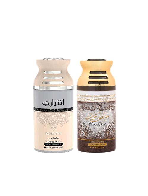 lattafa ekhtiari + pure oudi 250ml deodorant perfumed bodyspray for men and women combo pack of 2 - 17202232 - Very Small Image - 1
