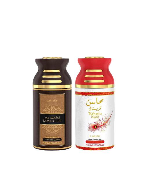 lattafa iconic oudh + mahsin crystal 250ml deodorant perfumed bodyspray for men and women combo pack of 2 - 17202234 - Very Small Image - 1