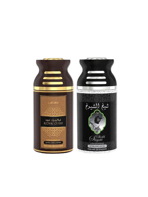 lattafa iconic oudh + sheikh al shuyukh 250ml deodorant perfumed bodyspray for men and women combo pack of 2 - 17202239 - Very Small Image - 1