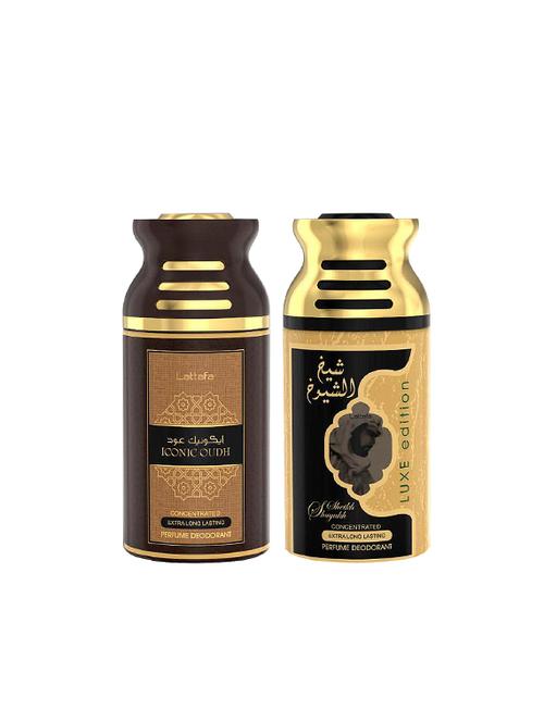lattafa iconic oudh + sheikh al shuyukh luxe edition 250ml deodorant perfumed bodyspray for men and women combo pack of 2 - 17202240 - Very Small Image - 1