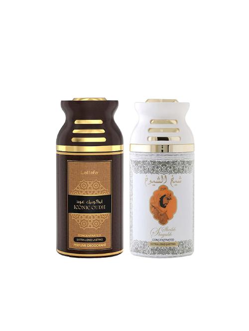 lattafa iconic oudh + sheikh al shuyukh khusoosi 250ml deodorant perfumed bodyspray for men and women combo pack of 2 - 17202241 - Very Small Image - 1