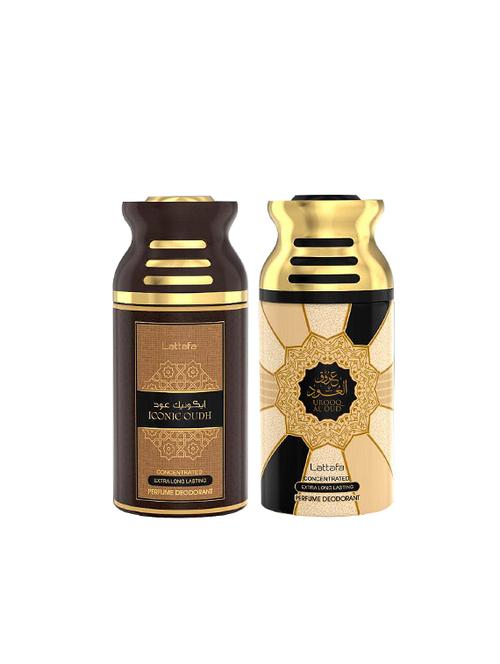 lattafa iconic oudh + urooq al oud 250ml deodorant perfumed bodyspray for men and women combo pack of 2 - 17202242 - Very Small Image - 1