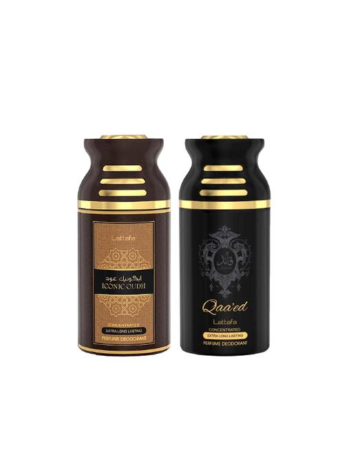 lattafa iconic oudh + qaeed 250ml deodorant perfumed bodyspray for men and women combo pack of 2 - 17202246 - Very Small Image - 1
