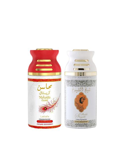 lattafa mahsin crysta + sheikh al shuyukh khusoosi 250ml deodorant perfumed bodyspray for men and women combo pack of 2 - 17202253 - Very Small Image - 1