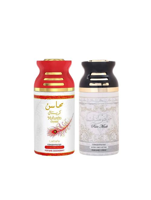 lattafa mahsin crysta + pure musk 250ml deodorant perfumed bodyspray for men and women combo pack of 2 - 17202256 - Very Small Image - 1