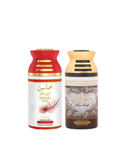 lattafa mahsin crysta + pure oudi 250ml deodorant perfumed bodyspray for men and women combo pack of 2 - 17202257 - Very Small Image - 1