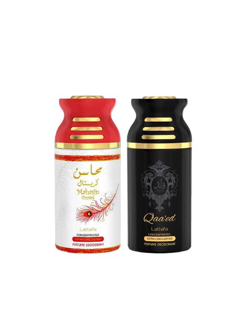 lattafa mahsin crysta + qaeed 250ml deodorant perfumed bodyspray for men and women combo pack of 2 - 17202258 - Very Small Image - 1