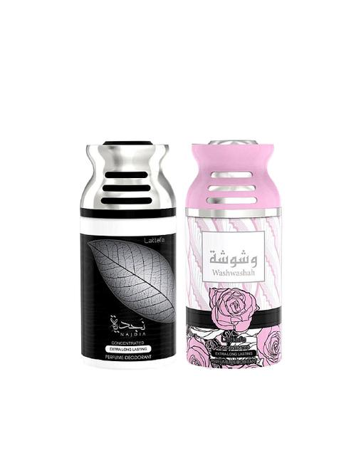 lattafa najdia + washwashah 250ml deodorant perfumed bodyspray for men and women combo pack of 2 - 17202266 - Very Small Image - 1