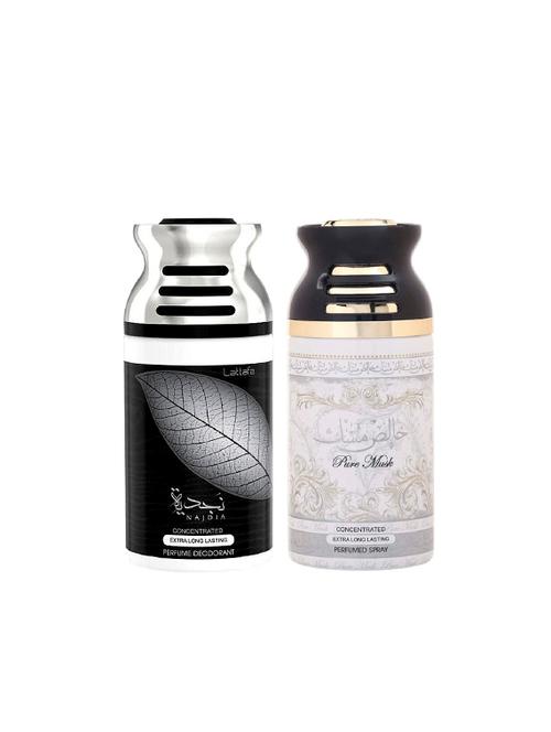 lattafa najdia + pure musk 250ml deodorant perfumed bodyspray for men and women combo pack of 2 - 17202267 - Very Small Image - 1