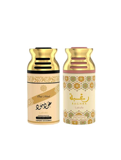 lattafa oud mood + raghba 250ml deodorant perfumed bodyspray for men and women combo pack of 2 - 17202271 - Very Small Image - 1