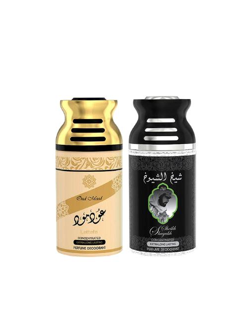 lattafa oud mood + sheikh al shuyukh 250ml deodorant perfumed bodyspray for men and women combo pack of 2 - 17202272 - Very Small Image - 1