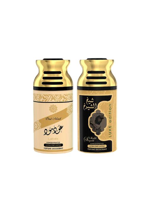 lattafa oud mood + sheikh al shuyukh luxe edition 250ml deodorant perfumed bodyspray for men and women combo pack of 2 - 17202273 - Very Small Image - 1