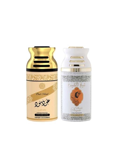 lattafa oud mood + sheikh al shuyukh khusoosi 250ml deodorant perfumed bodyspray for men and women combo pack of 2 - 17202274 - Very Small Image - 1