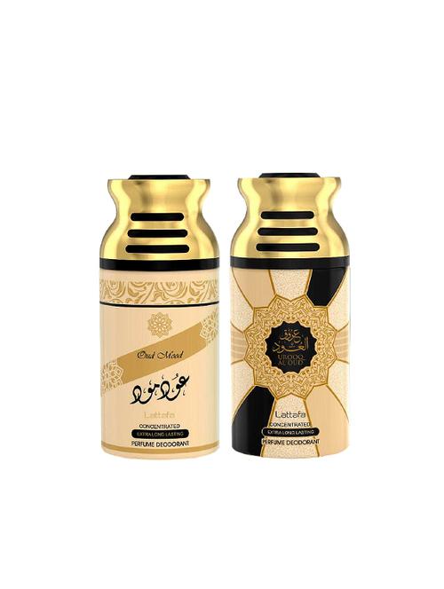 lattafa oud mood + urooq al oud 250ml deodorant perfumed bodyspray for men and women combo pack of 2 - 17202275 - Very Small Image - 1