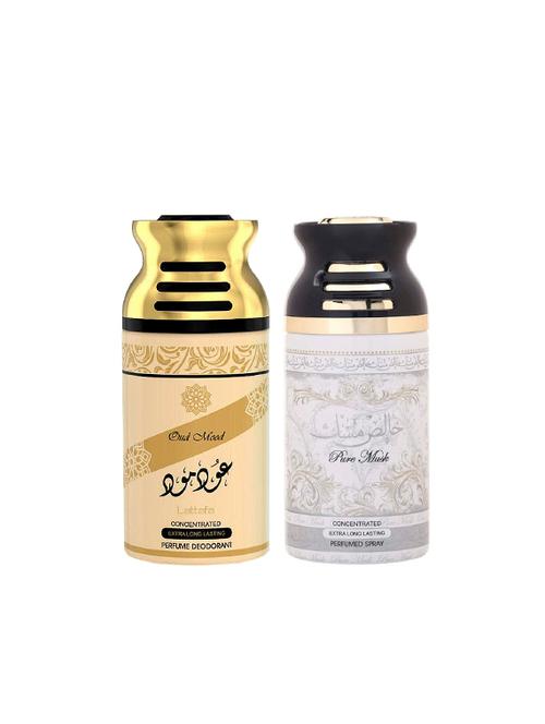 lattafa oud mood + pure musk 250ml deodorant perfumed bodyspray for men and women combo pack of 2 - 17202277 - Very Small Image - 1