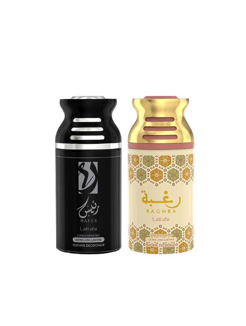 lattafa raees + raghba 250ml deodorant perfumed bodyspray for men and women combo pack of 2 - 17202280 - Very Small Image - 1