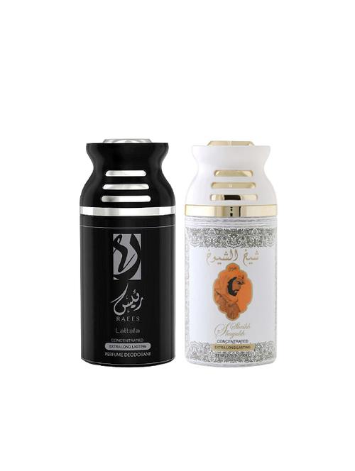 lattafa raees + sheikh al shuyukh khusoosi 250ml deodorant perfumed bodyspray for men and women combo pack of 2 - 17202283 - Very Small Image - 1
