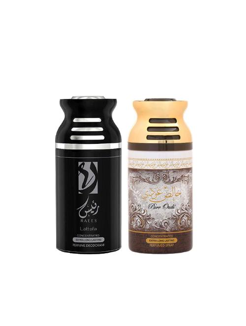 lattafa raees + pure oudi 250ml deodorant perfumed bodyspray for men and women combo pack of 2 - 17202287 - Very Small Image - 1