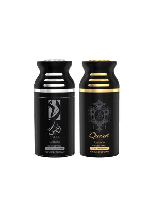 lattafa raees + qaeed 250ml deodorant perfumed bodyspray for men and women combo pack of 2 - 17202288 - Very Small Image - 1