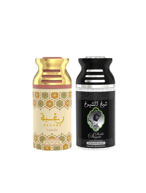 lattafa raghba + sheikh al shuyukh 250ml deodorant perfumed bodyspray for men and women combo pack of 2 - 17202289 - Very Small Image - 1