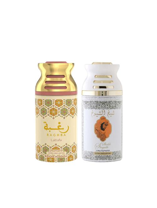 lattafa raghba + sheikh al shuyukh khusoosi 250ml deodorant perfumed bodyspray for men and women combo pack of 2 - 17202291 - Very Small Image - 1